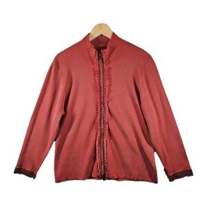 Elana‎ by Tanner Full-Zip Long Sleeve Ribbed Sweater Unique Luxury Silk Coral S